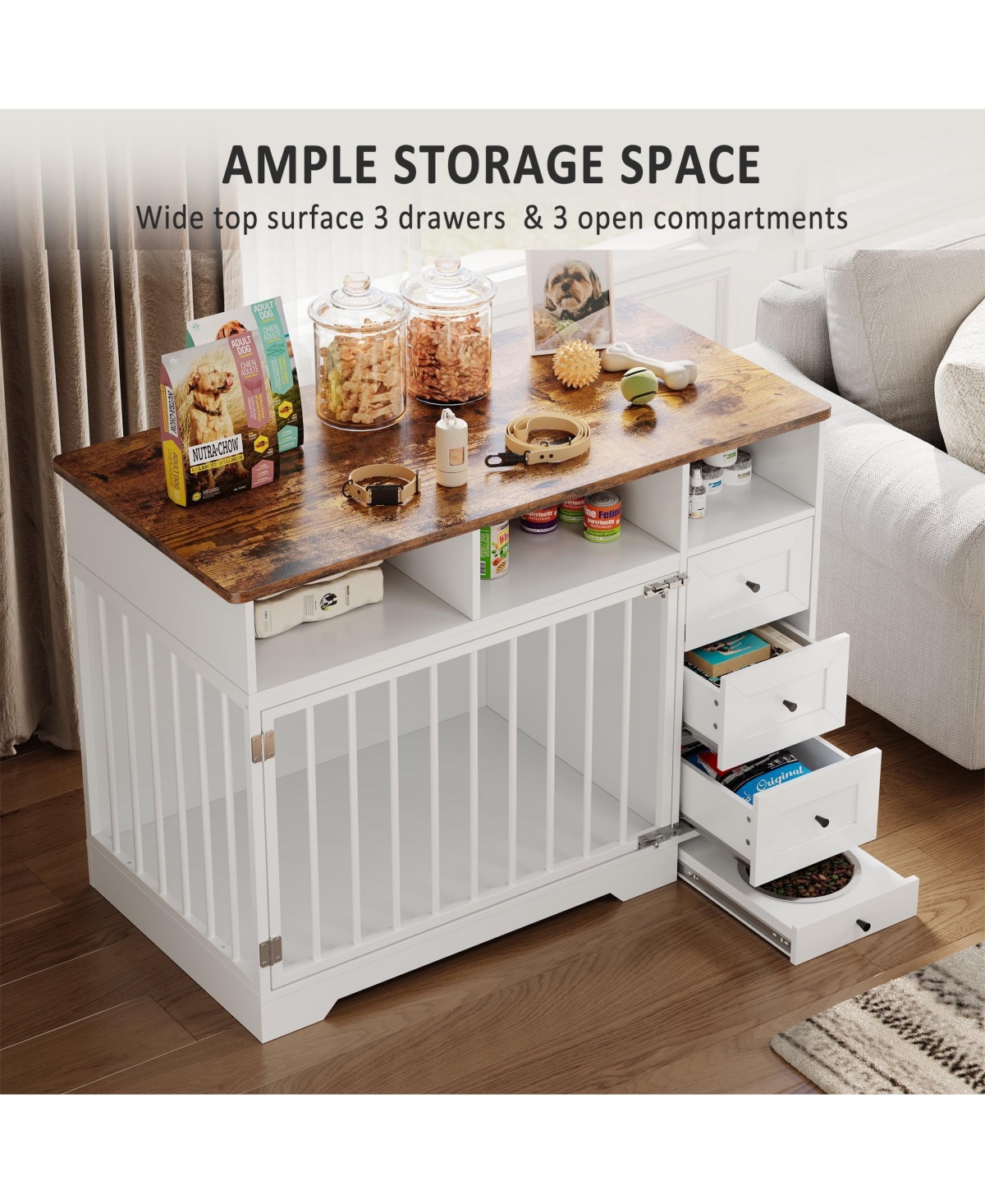 gaomon 47.8 Inch Dog Crate Furniture Kennel with Doors Wooden Pet House with Drawers and Storage Cabinet