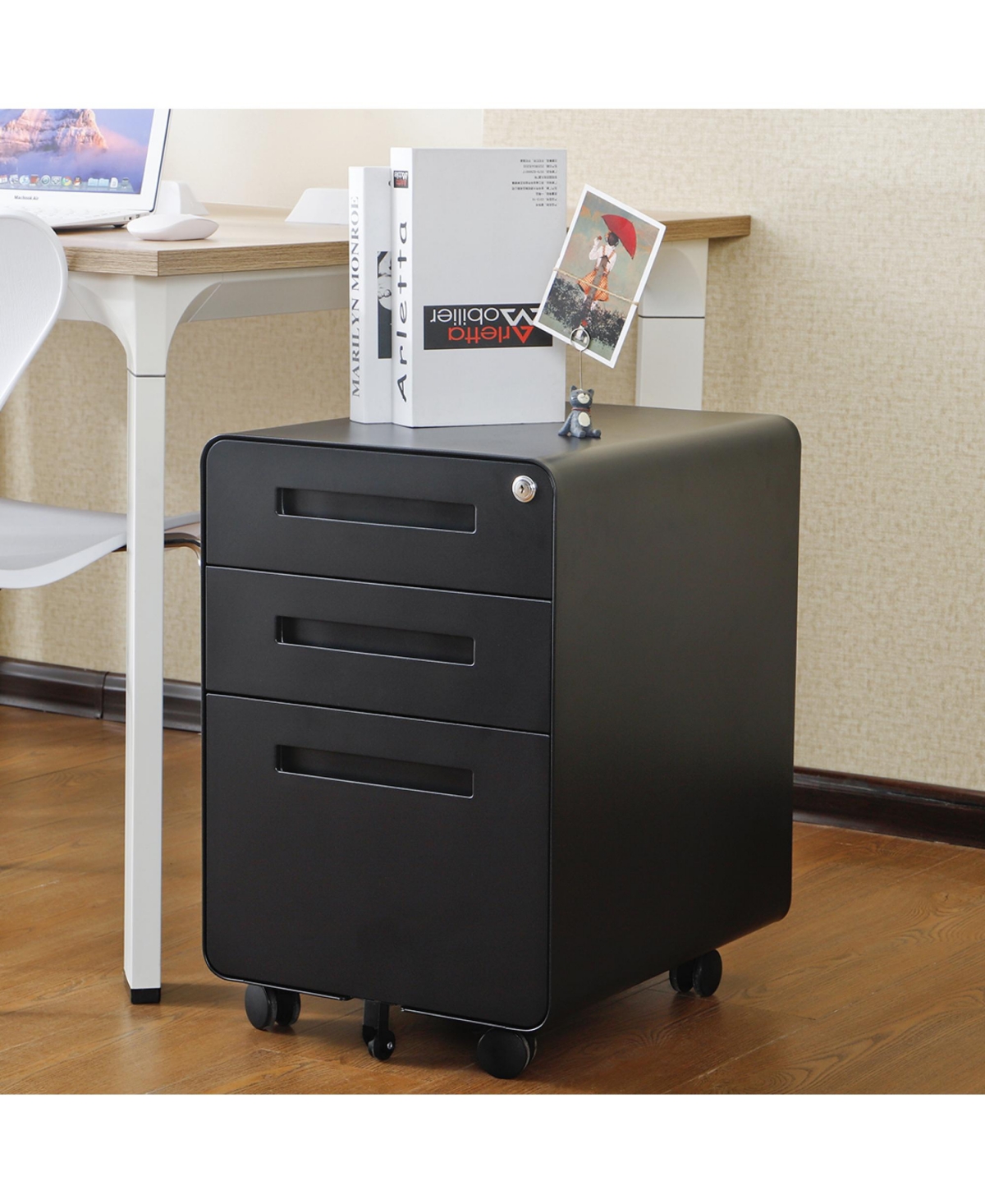 Rainsken 3 Drawer Mobile File Cabinet, Under Office Desk Metal Filing Cabinet with 5 Wheels, Versatile Storage Cabinet for Legal/Letter/A4 Files