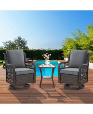 3-Piece Outdoor Patio Bistro Set - PE Wicker 360° Swivel Glider Chairs with Thick Cushions and Tempered Glass Table