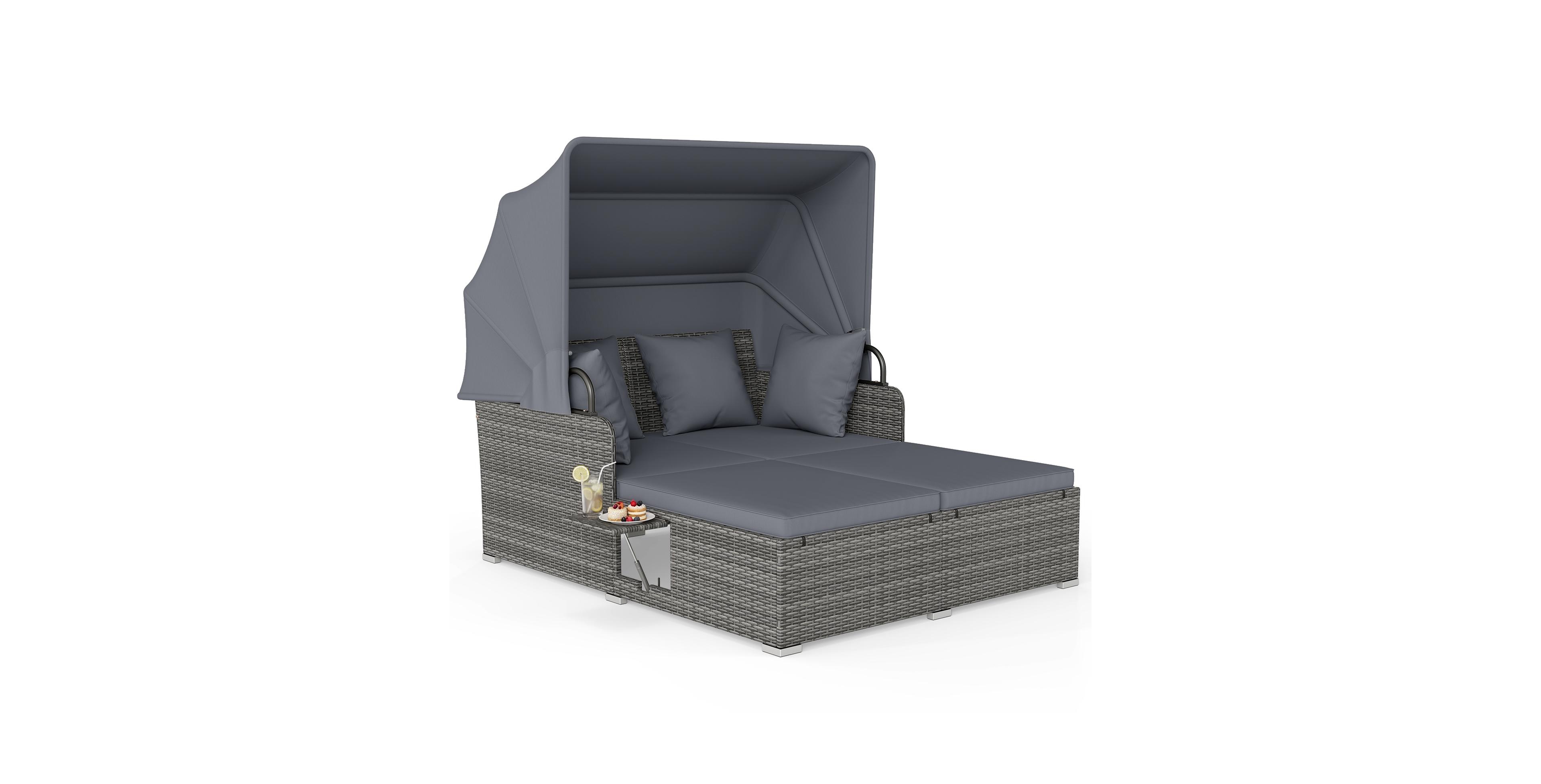 Gymax Patio Rattan Daybed Lounge Retractable Top Canopy Side Tables Cushions