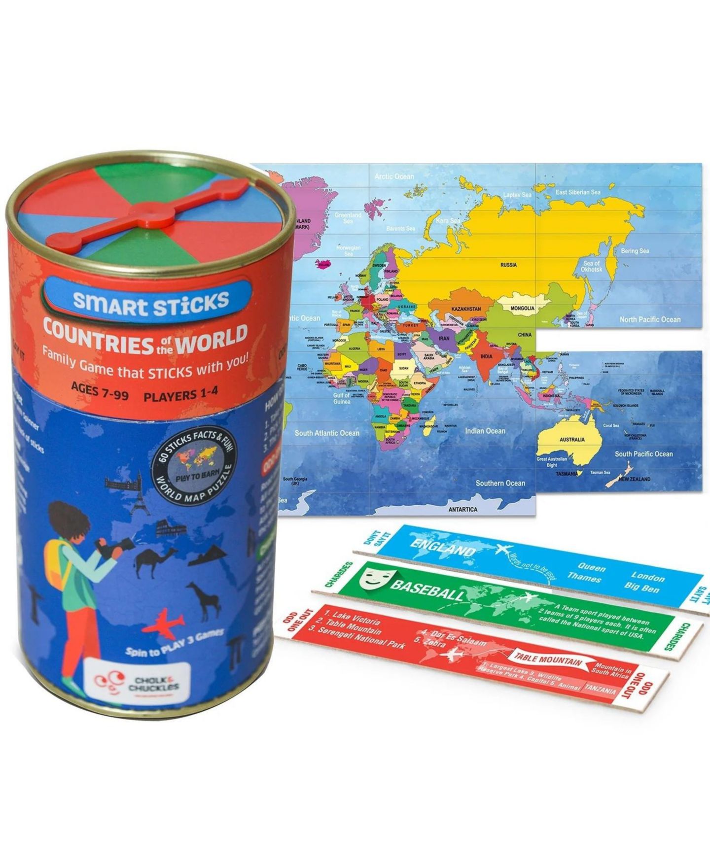 Детская настольная игра Chalk & Chuckles Smart Sticks-Countries World Map Puzzle 60-Piece Board Game, Ages 7+, цвет: Open Miscellaneous — фото 2