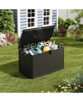 130-Gallon Resin Deck Box, Lockable All-Weather Outdoor Storage for Patio, Garden & Pool Accessories, Faux Wood
