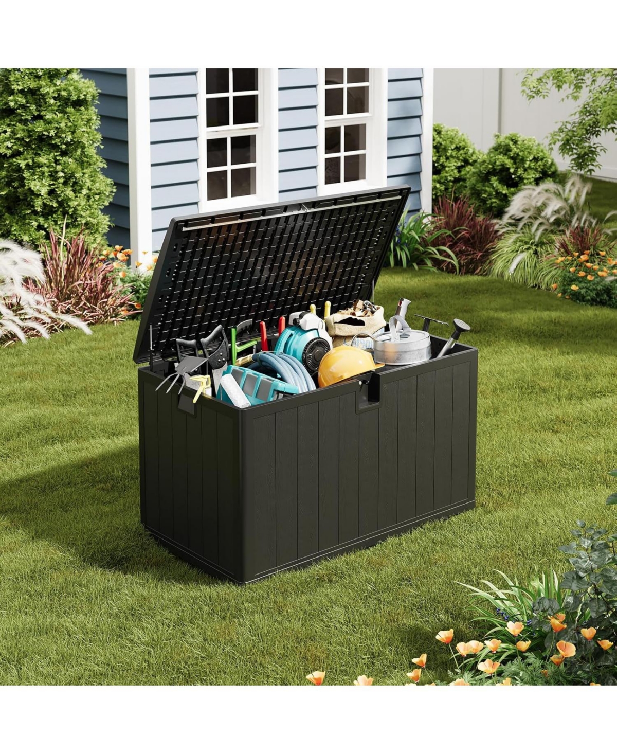 gaomon 130-Gallon Resin Deck Box, Lockable All-Weather Outdoor Storage for Patio, Garden & Pool Accessories, Faux Wood