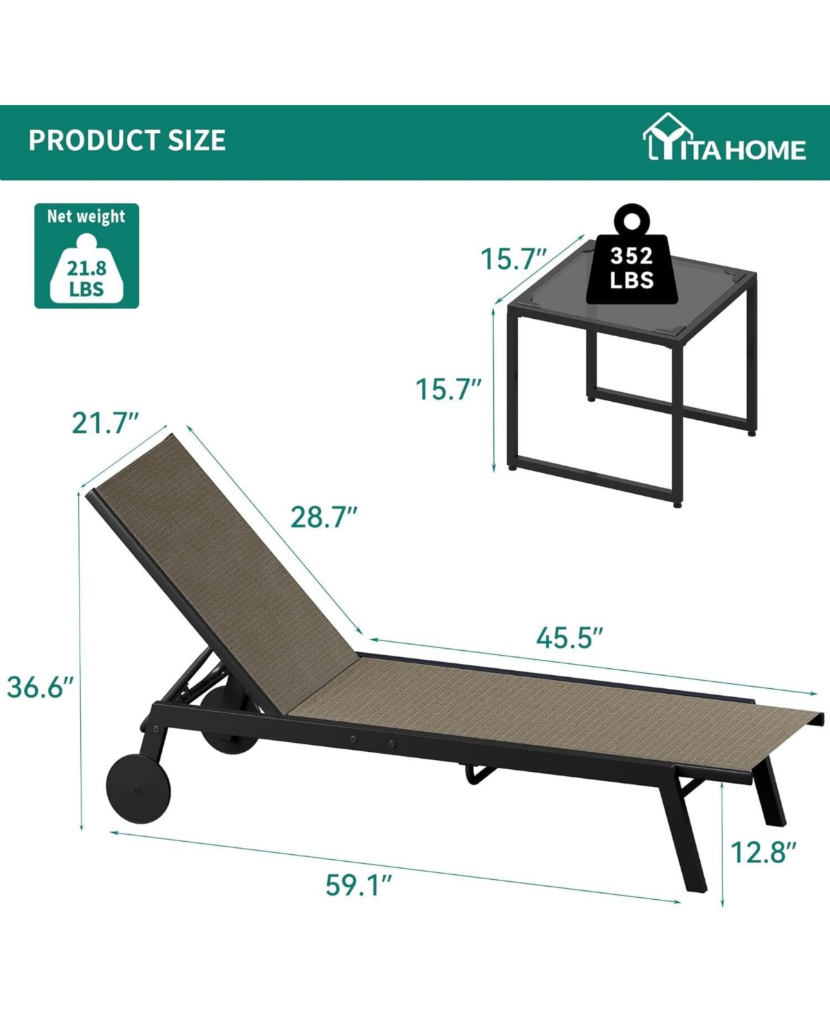 gaomon 2 Patio Outdoor Textile Chaise Lounge Chairs with Side Table, Patio Chaise Lounge Set