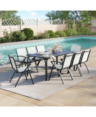 9-Piece Patio Dining Table Sets for 8, Outdoor Aluminum Frame Dining Furniture Set with Umbrella Hole Cut-Out Table, 8 Stirling Chairs