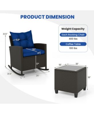 Set of 3 Wicker Rocking Set Tempered Glass Table Patio Outdoor