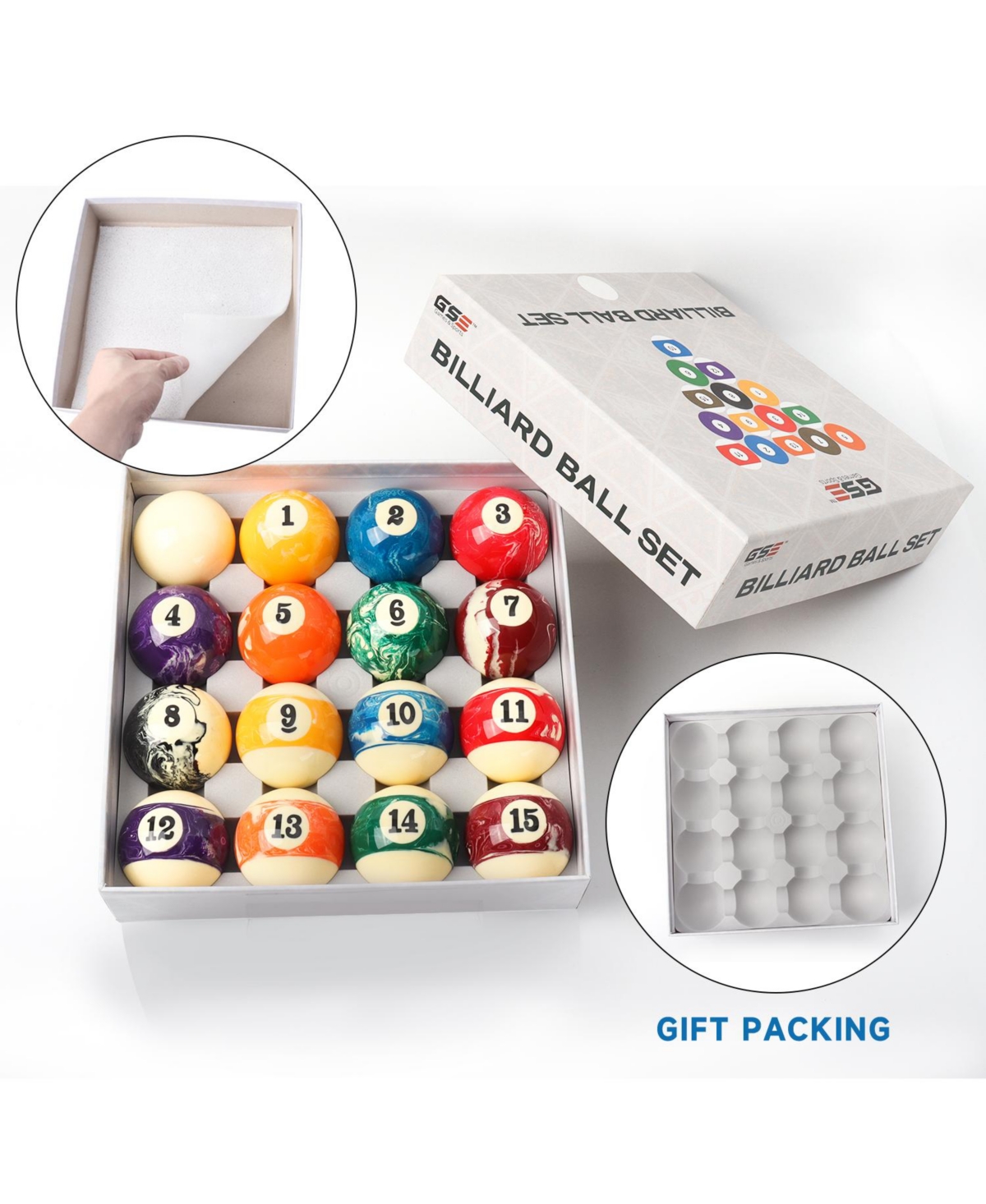 Gse Games & Sports Expert 2 1/4-Inch Marble Swirl Professional Regulation Billiards Pool Balls Set, Standard 16 Set