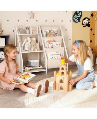 Kids Bookshelf and Toy Organizer - 3 Tier Wooden & Fabric Bookcase with Anti-Tip Kit for Playroom, Nursery, Classroom
