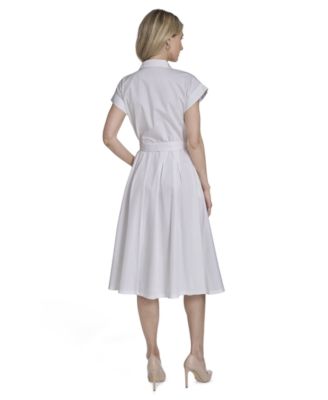 Women's Belted Cap-Sleeve Collared Midi Shirtdress