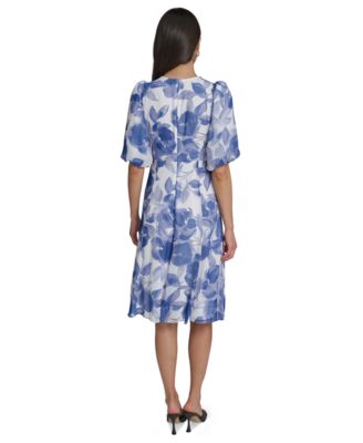 Women's Floral Puff-Sleeve Crewneck Midi Dress