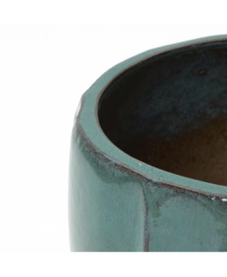 Glossy Gradient Teal Ceramic Planter, 13.4-Inch Tall Ridged Container with Connected Tray