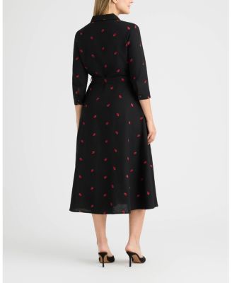 Women's Linen Belted Embroidery Detail Shirt Dress