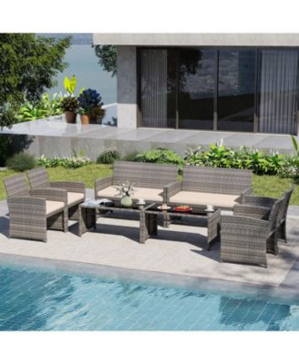 8PCS Patio Outdoor Conversation Set w/Seat Cushions & Tempered Glass Tabletop