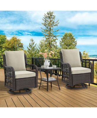 3-Piece Outdoor Patio Bistro Set - PE Wicker 360° Swivel Glider Chairs with Thick Cushions & Tempered Glass Table, Brown Rattan Furniture