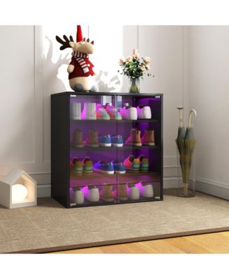 4-Tier Wooden Shoe Box, Stackable Sneaker Display Box with RGB LED Light, Shoe Storage Bin for Hallway and Entryway