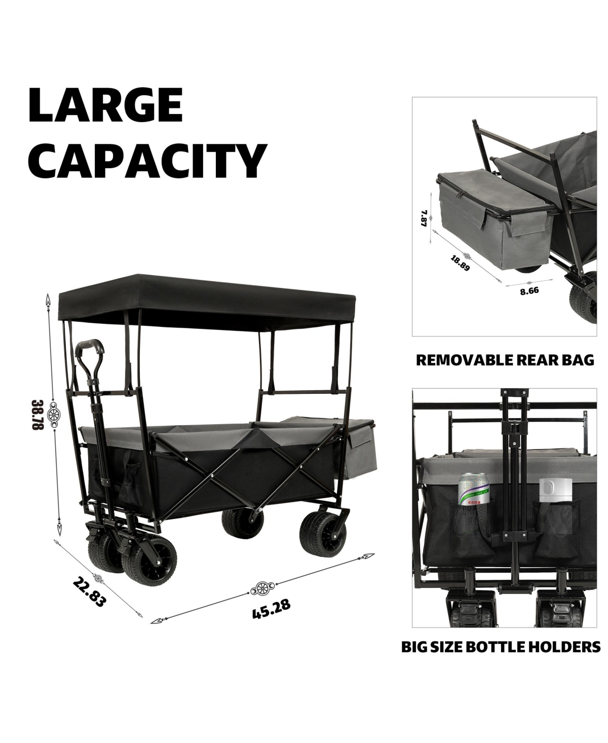 Rainsken Collapsible Wagon with Canopy, Heavy Duty Utility Cart with All-Terrain Wheels, Large Capacity for Camping