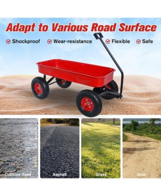 Heavy Duty Rolling Garden Wagon - Utility Cart with Wooden Side Panels, Air Tires Pulling and Wide Grip Handle for Grocery, Camping