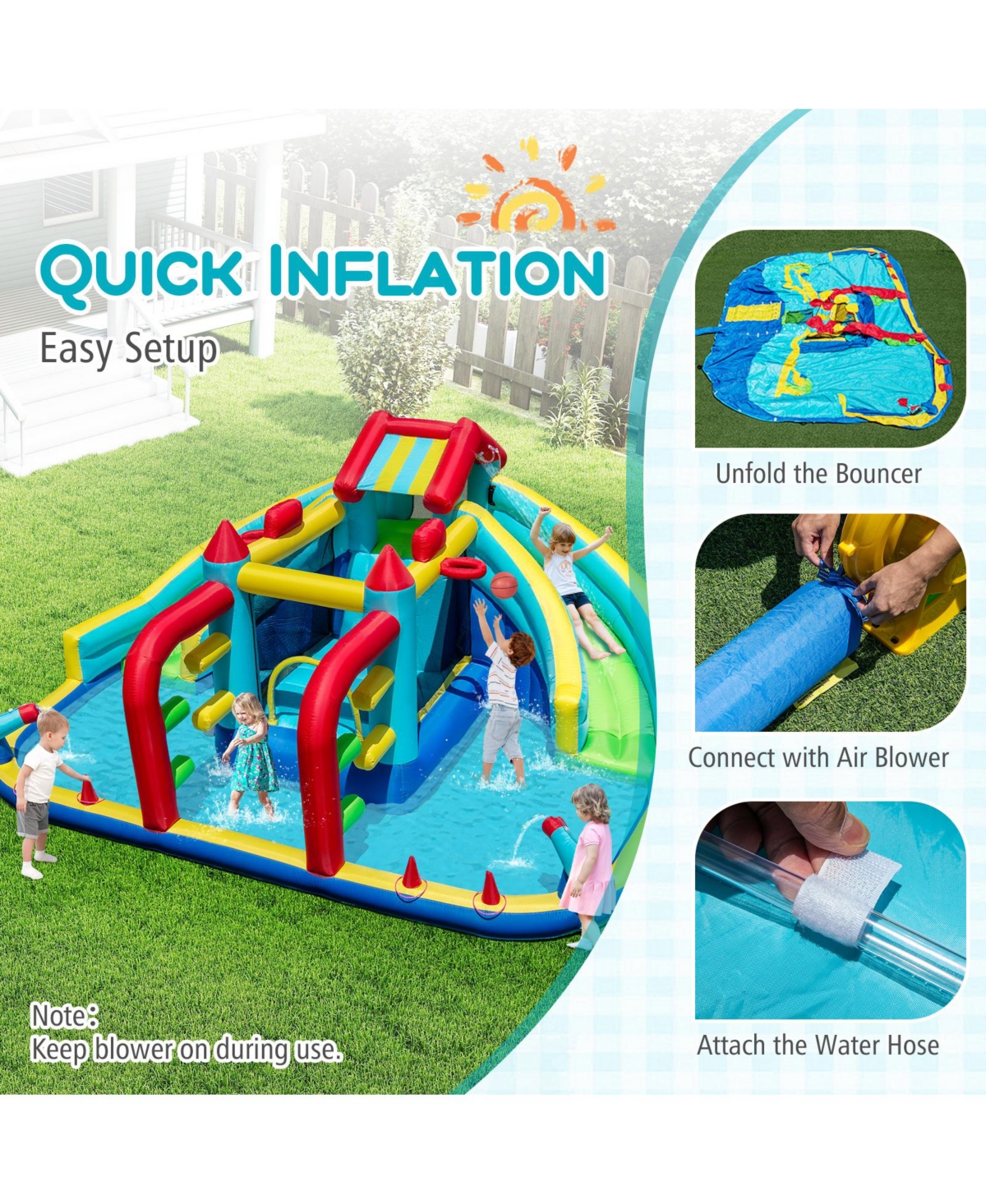 Mecale Inflatable Double Water Slide Park with Obstacle Course, 680W Blower Included