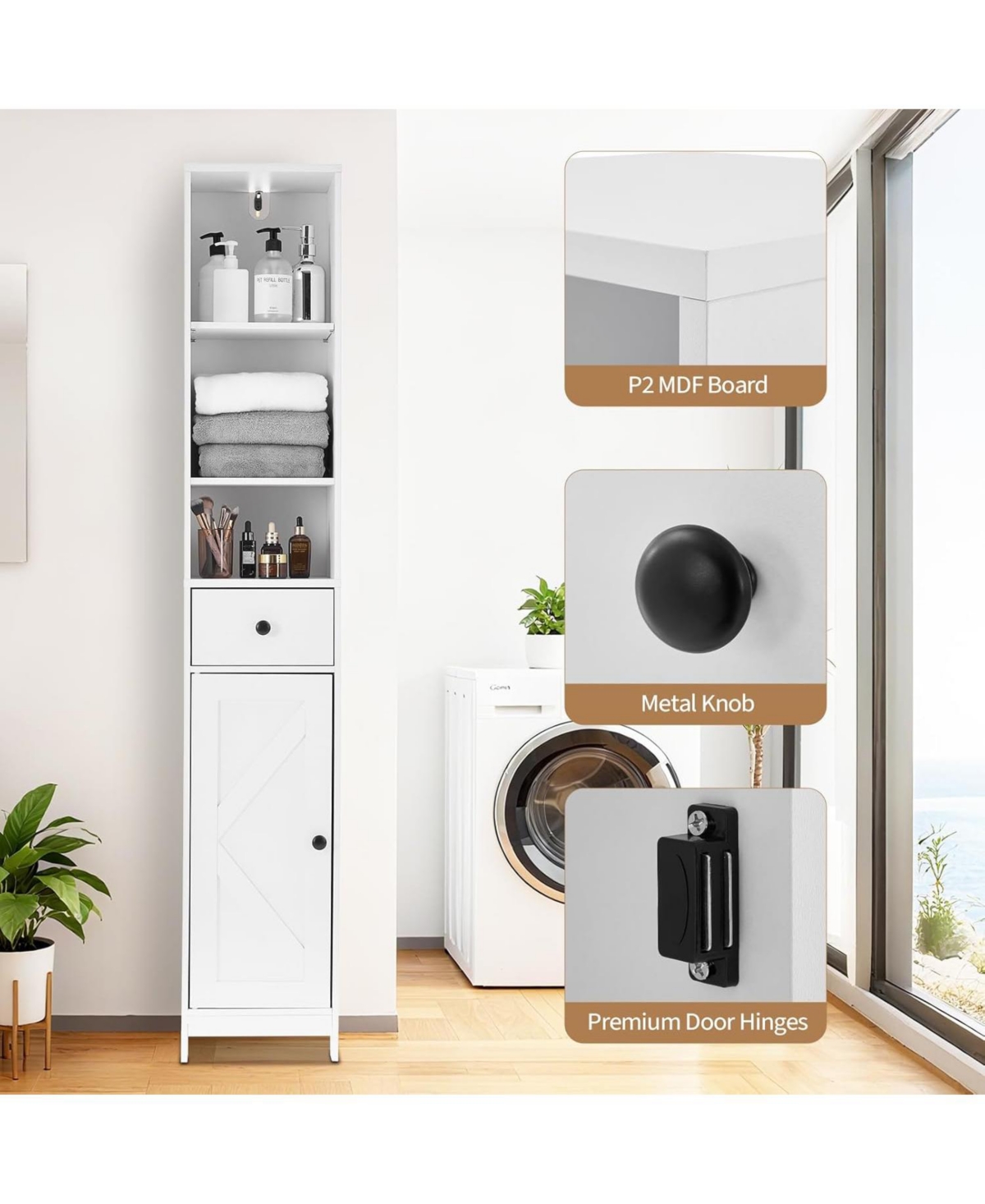 gaomon Tall Bathroom Storage Cabinet, Freestanding with Drawer, Door & Open Shelf, Organizer for Bathroom, Kitchen, Living Room