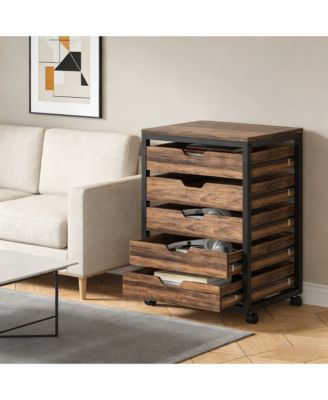 5-Drawer Mobile Storage Cabinet, Industrial Wood Drawer Organizer with Wheels for Office, Bedroom and Entryway