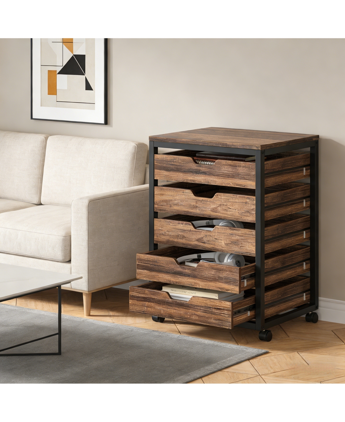 Rainsken 5-Drawer Mobile Storage Cabinet, Industrial Wood Drawer Organizer with Wheels for Office, Bedroom and Entryway