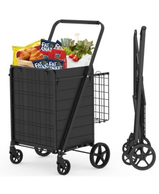 Extra Large Shopping Cart - Heavy Duty Folding Grocery Cart on Wheels with Double Basket and Removable Liner, Lightweight Trolley for Camping