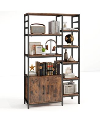 Double Wide 8-Tier Bookshelf with 2-Door Cabinet for Living Room Home Office-Rustic