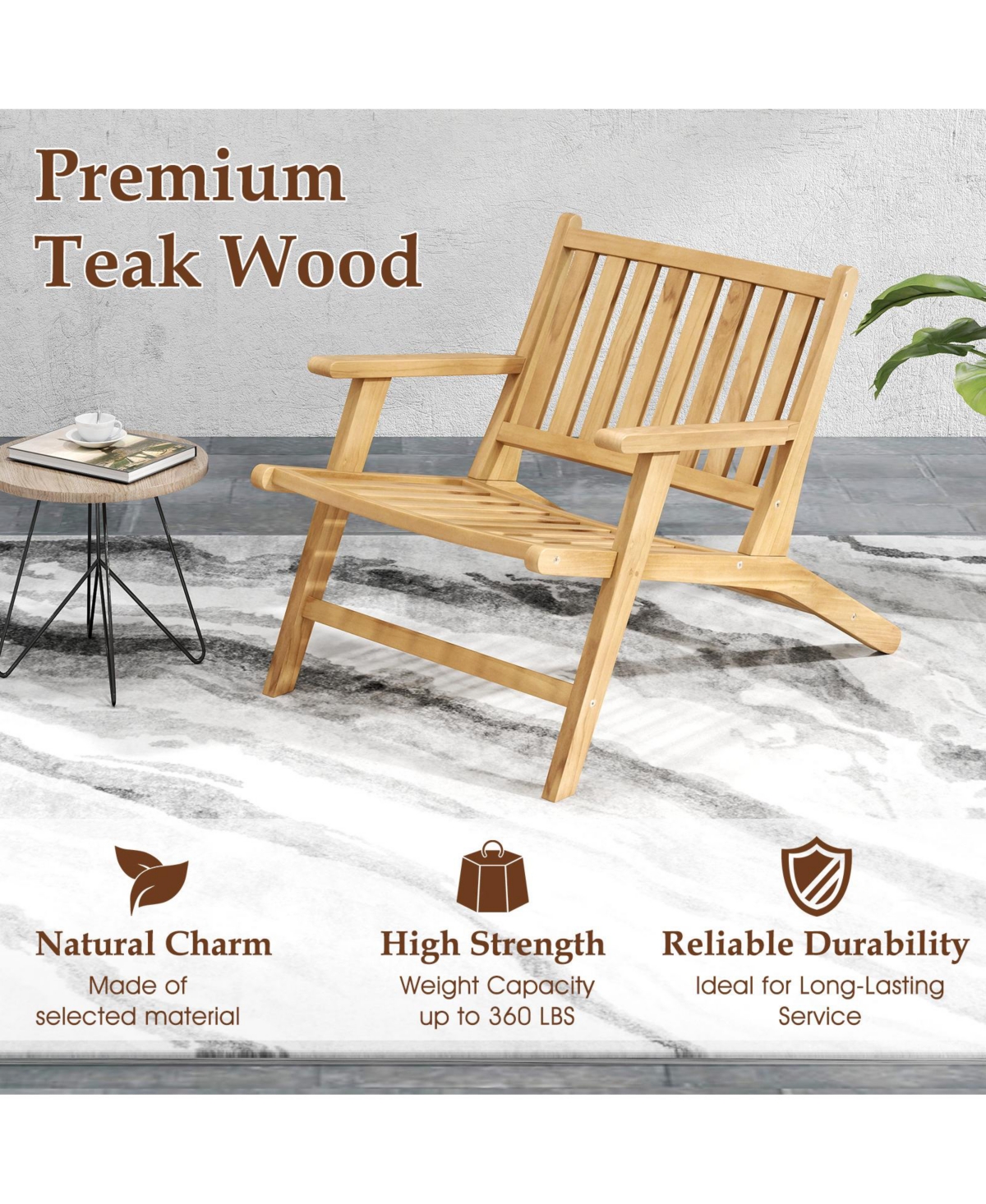 Gymax Teak Wood Outdoor Reclining Chair w/Comfortable Backrest & Armrests for Patio