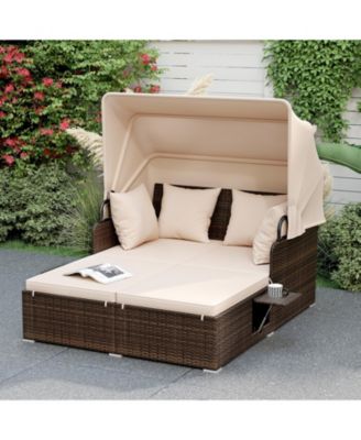 Patio Rattan Daybed Lounge Retractable Top Canopy Side Tables Cushions for Outdoor