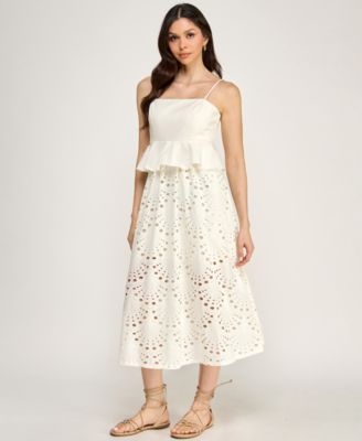 Juniors' Peplum Square Neck Top and Attached Eyelet Midi Skirt, 2-Piece Set