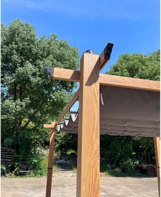 10x13 ft Outdoor Aluminum Pergola with Retractable Canopy, Faux Wood Grain Patio Gazebo, Backyard Deck