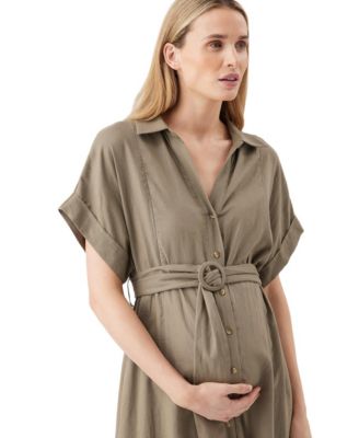 Maternity Ripe Amy Linen Nursing Shirt Dress Olive