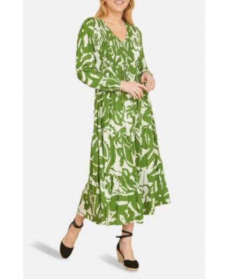 Women's Abstract Print Ruched V-Neck Midi Dress