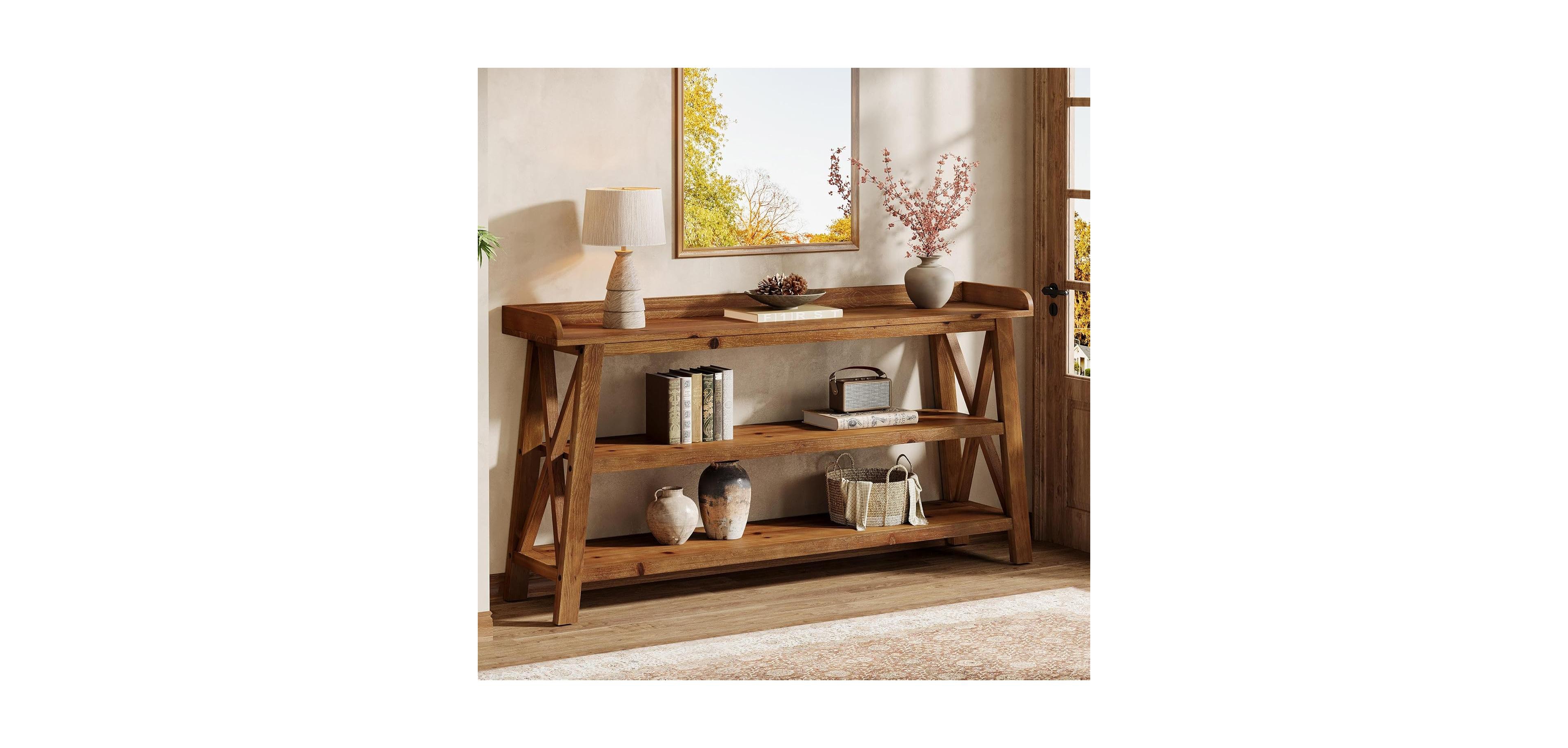 Tribesigns 3-Tier Solid Wood Console Table with X-Shaped Frame, 63-Inch Farmhouse Entryway Table, Sofa Console Behind Couch