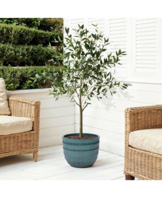 Boho Coastal Ceramic Planter, Tall Pot with Ribbed Texture & Weathered Finish