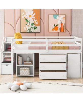 Full Size Loft Bed with Desk, Storage Stairs & Shelves