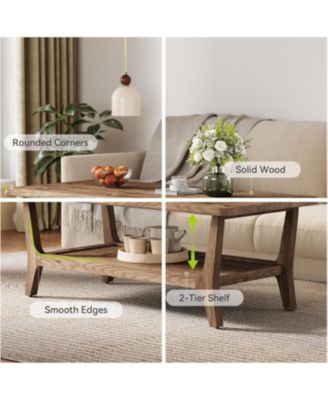 Solid Wood Coffee Table, 47-Inch Living Room Center Table with Shelf, 2-Tier, Smooth Corners, Child-Friendly, Easy Assembly