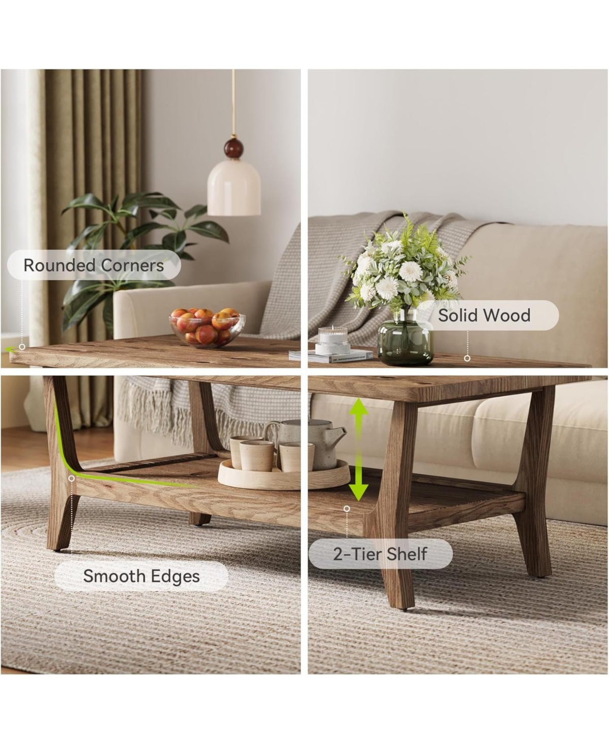 Tribesigns Solid Wood Coffee Table, 47-Inch Living Room Center Table with Shelf, 2-Tier, Smooth Corners, Child-Friendly, Easy Assembly