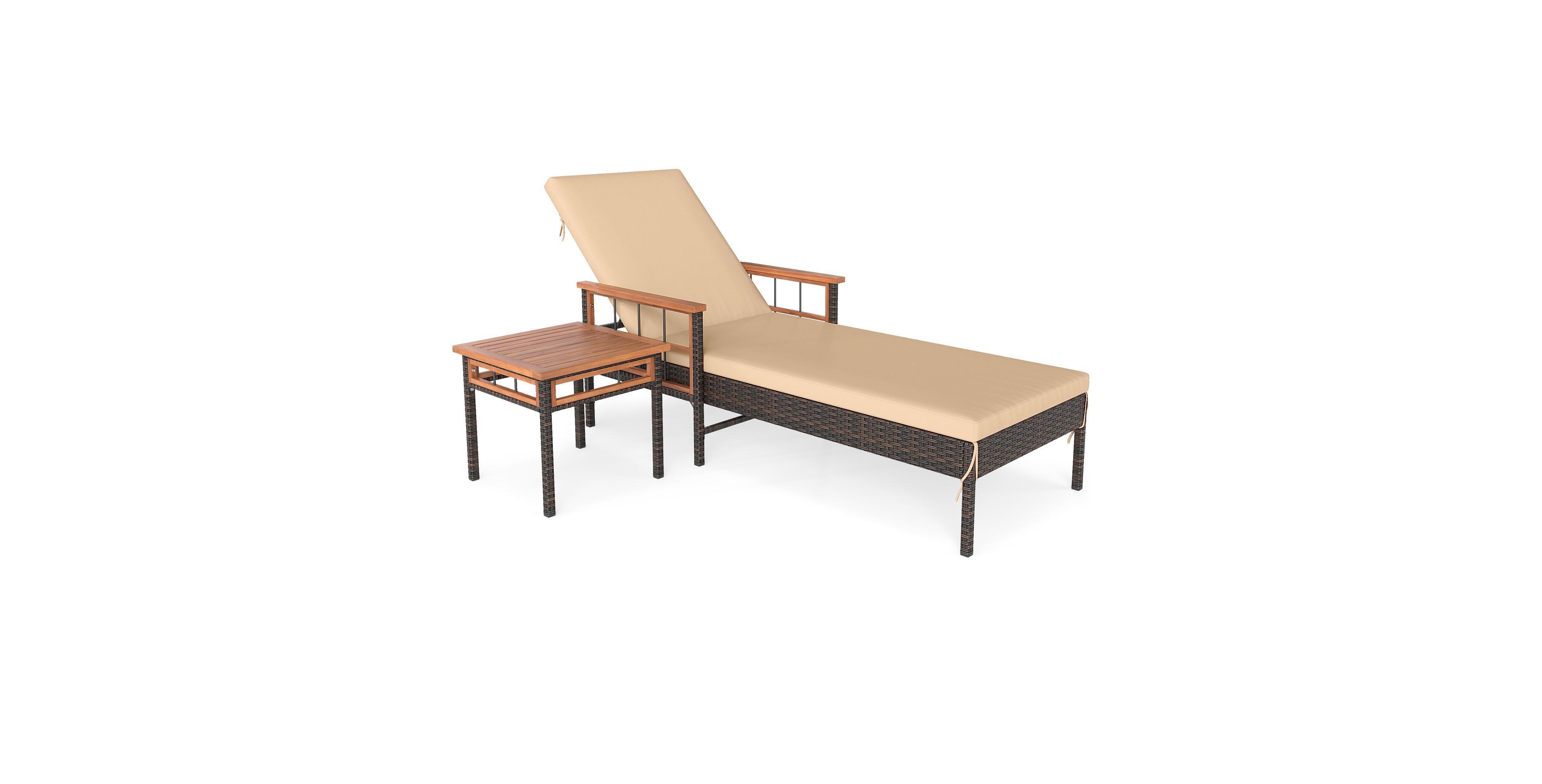 Gymax 2 Pcs Patio Rattan Chaise Lounge w/ Side Table Outdoor Reclining Chair Set