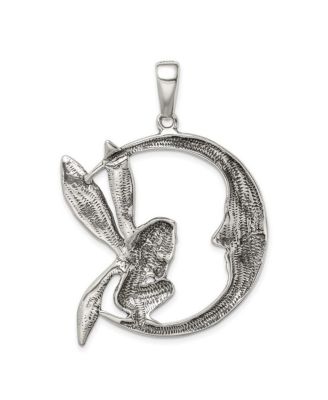 Sterling Silver Large Antiqued Moon and Fairy Necklace