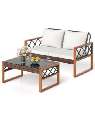 2 Pieces Patio PE Wicker Furniture Set Outdoor Acacia Wood Loveseat for Porch