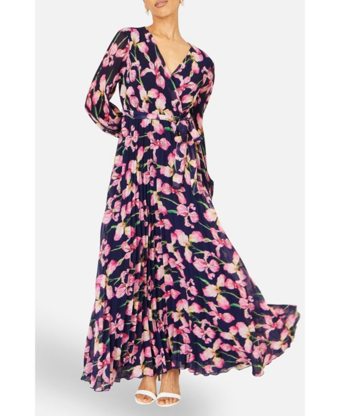 Yumi Womens Orchid Floral Pleated Wrap Maxi Dress