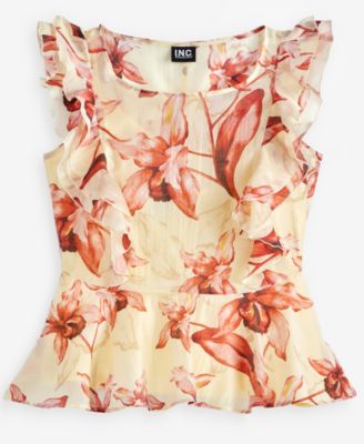 Petite Printed Ruffle-Sleeve Peplum Blouse