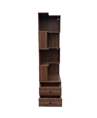 4 Tier Corner Bookshelf - L Shaped Bookcase, Freestanding Display Stand with Baffle, Led Lights and 2 Drawers for Living Room, Home Office