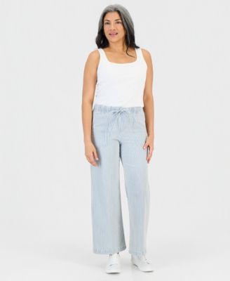 Petite Engineer-Stripe Pull-On Wide-Leg Jeans