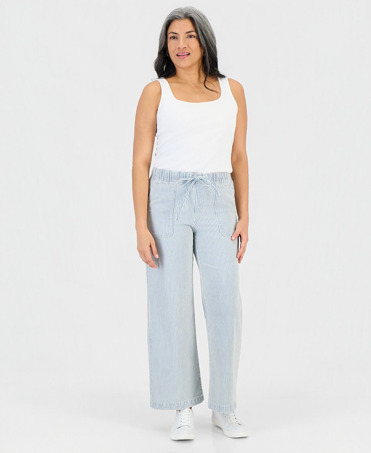 Style & Co Petite Engineer-Stripe Pull-On Wide-Leg Jeans, Macy's Exclusive view 1 — MAYCSS fashion products