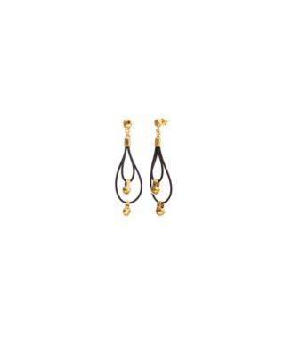 Leather Long double Earrings with 18k Gold Plated Ball Detail
