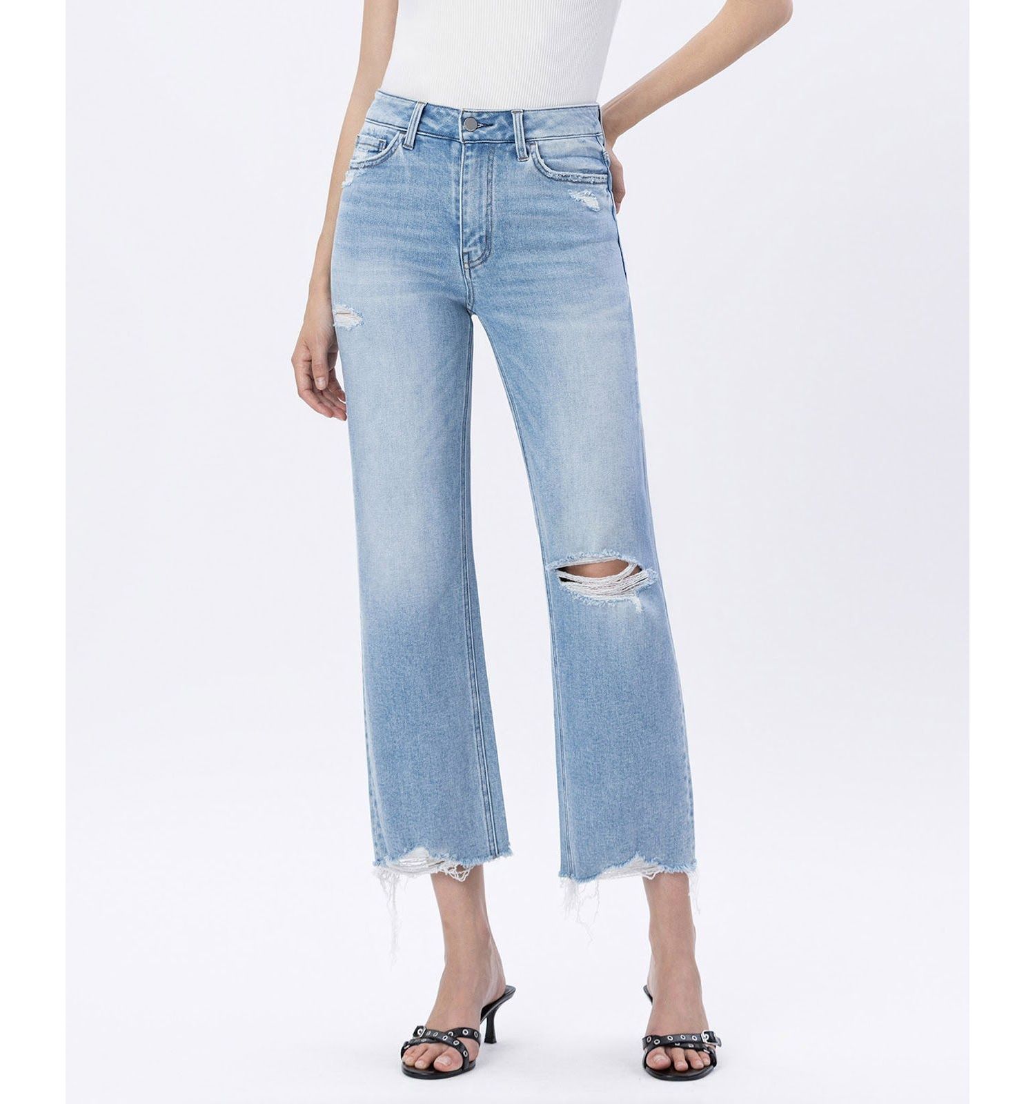 Women's High Rise Distressed Crop Slim Wide Leg Jeans