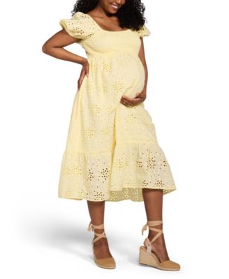 Maternity Motherhood Smocked Bodice with Puff Sleeves Midi Dress