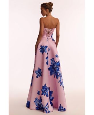 Womens Dainty pink A-line maxi dress with blue-flowered pattern